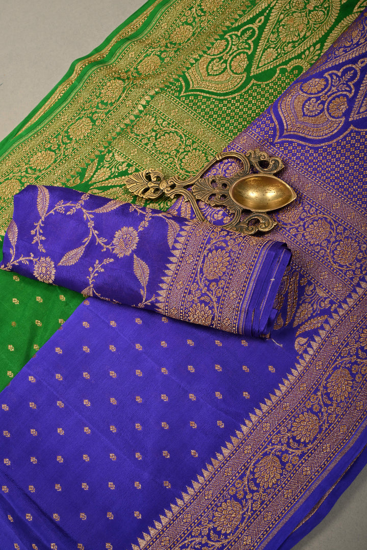 Green-Purple Banarasi Crepe Georgette Silk Saree with Zari Buttis and Antique Oxidized Zari Border | SILK MARK CERTIFIED | SHOBITAM