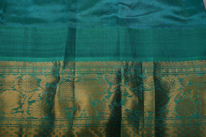 Frost Amethyst Kanchi Silk Cotton Handloom Saree with Vairaoosi Zari Stripes and Teal Contrast Zari Border | SHOBITAM