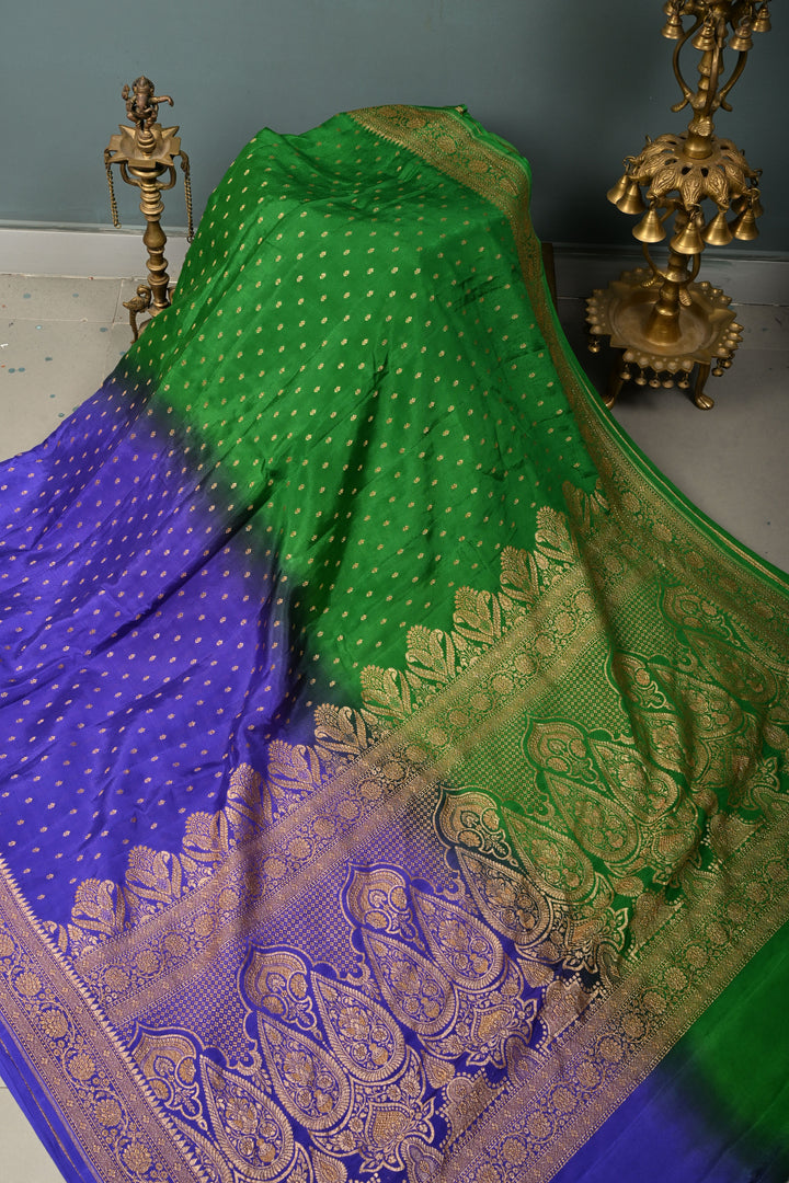 Green-Purple Banarasi Crepe Georgette Silk Saree with Zari Buttis and Antique Oxidized Zari Border | SILK MARK CERTIFIED | SHOBITAM
