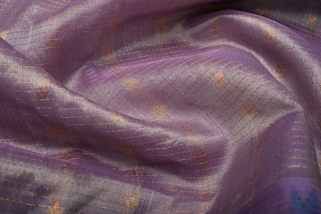 Frost Amethyst Kanchi Silk Cotton Handloom Saree with Vairaoosi Zari Stripes and Teal Contrast Zari Border | SHOBITAM