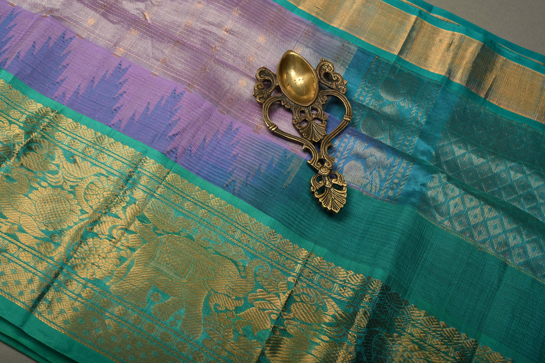 Frost Amethyst Kanchi Silk Cotton Handloom Saree with Vairaoosi Zari Stripes and Teal Contrast Zari Border | SHOBITAM