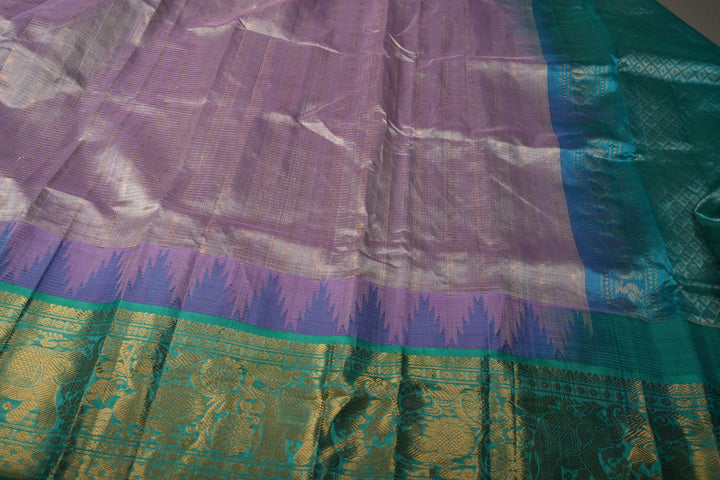 Frost Amethyst Kanchi Silk Cotton Handloom Saree with Vairaoosi Zari Stripes and Teal Contrast Zari Border | SHOBITAM