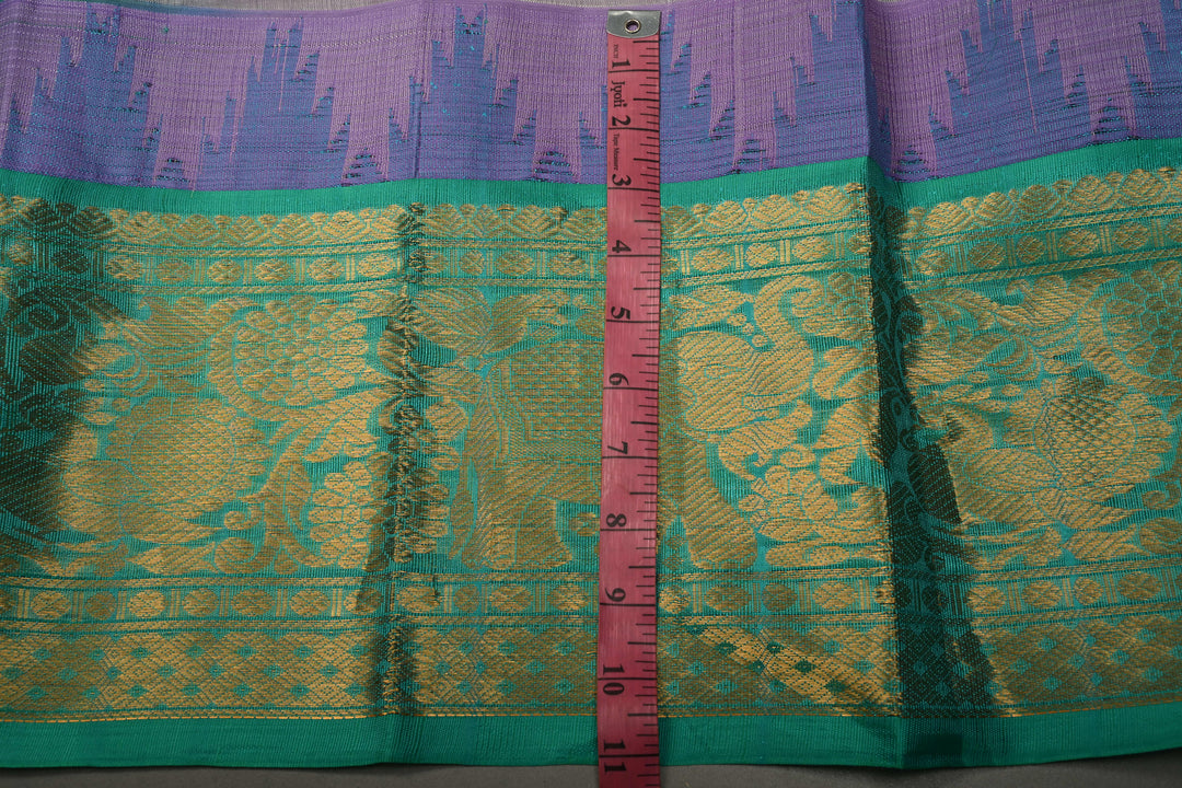 Frost Amethyst Kanchi Silk Cotton Handloom Saree with Vairaoosi Zari Stripes and Teal Contrast Zari Border | SHOBITAM