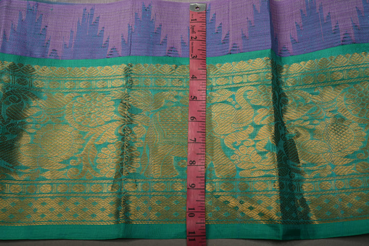 Frost Amethyst Kanchi Silk Cotton Handloom Saree with Vairaoosi Zari Stripes and Teal Contrast Zari Border | SHOBITAM