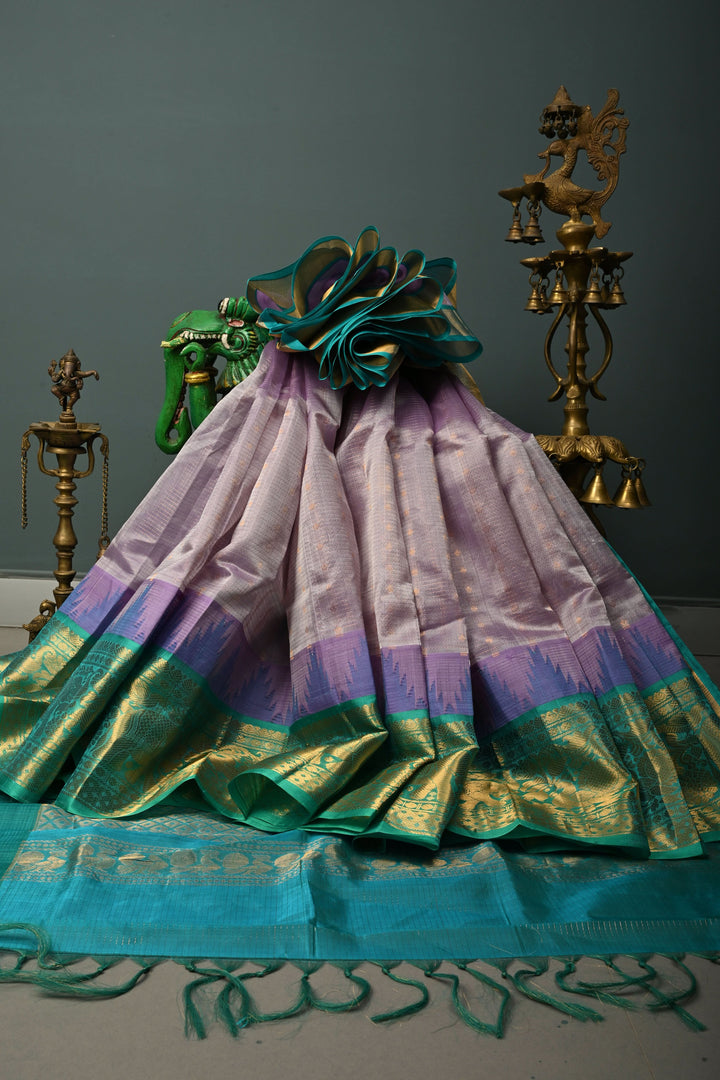 Frost Amethyst Kanchi Silk Cotton Handloom Saree with Vairaoosi Zari Stripes and Teal Contrast Zari Border | SHOBITAM