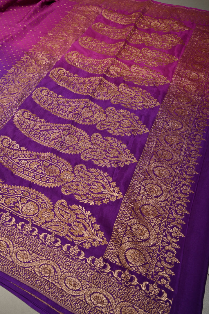 Magenta-Purple Banarasi Crepe Georgette Silk Saree with Chunri Buttis and Antique Oxidized Zari Border | SILK MARK CERTIFIED | SHOBITAM