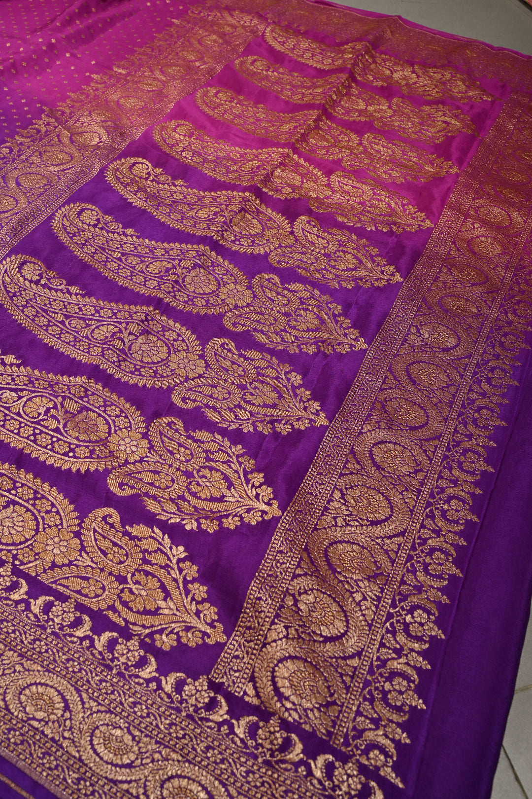 Magenta-Purple Banarasi Crepe Georgette Silk Saree with Chunri Buttis and Antique Oxidized Zari Border | SILK MARK CERTIFIED | SHOBITAM