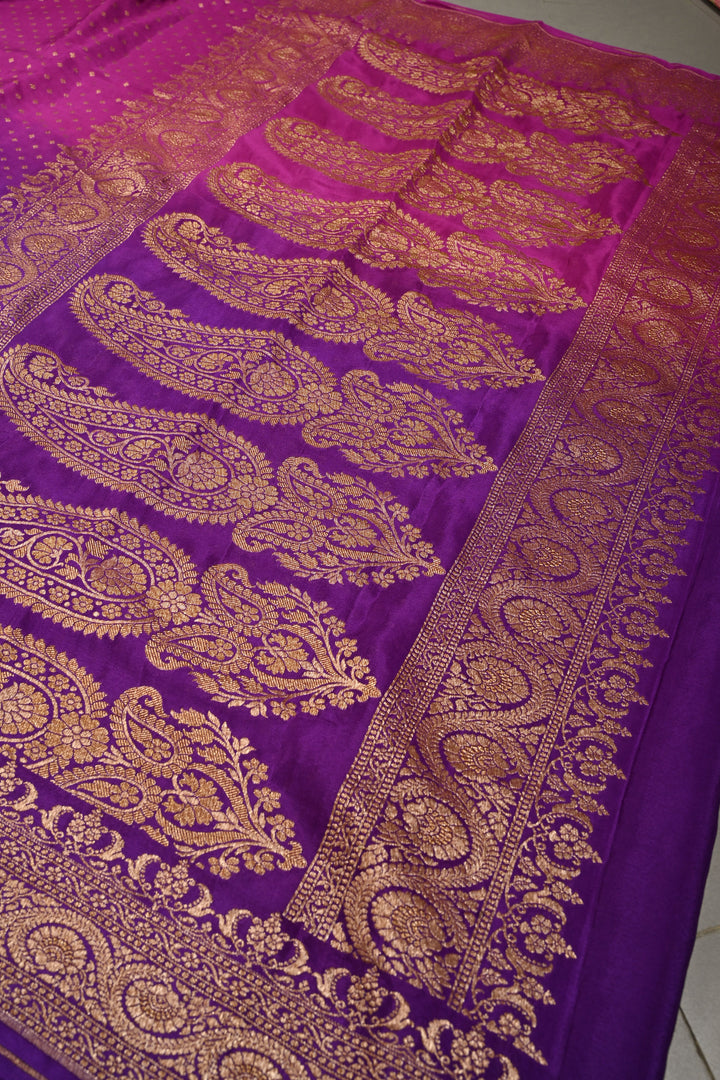 Magenta-Purple Banarasi Crepe Georgette Silk Saree with Chunri Buttis and Antique Oxidized Zari Border | SILK MARK CERTIFIED | SHOBITAM