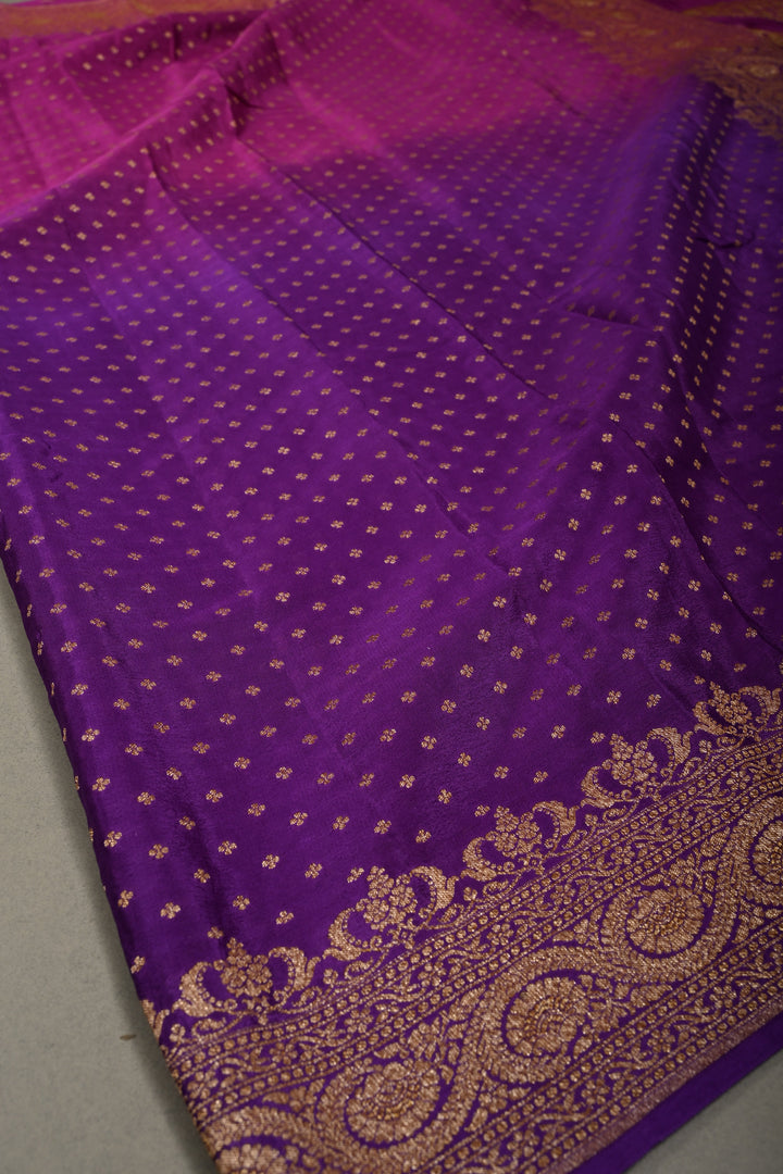 Magenta-Purple Banarasi Crepe Georgette Silk Saree with Chunri Buttis and Antique Oxidized Zari Border | SILK MARK CERTIFIED | SHOBITAM