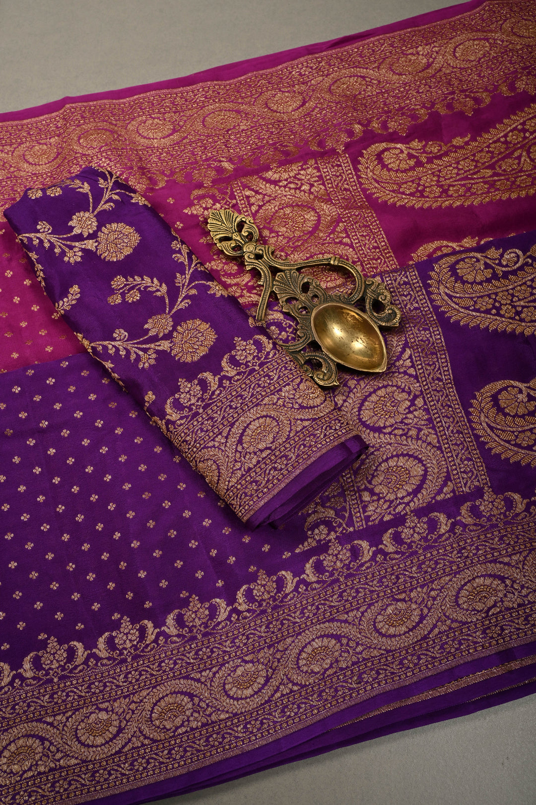 Magenta-Purple Banarasi Crepe Georgette Silk Saree with Chunri Buttis and Antique Oxidized Zari Border | SILK MARK CERTIFIED | SHOBITAM