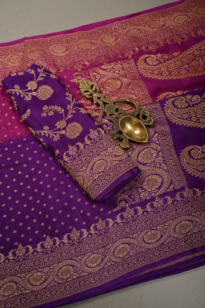 Magenta-Purple Banarasi Crepe Georgette Silk Saree with Chunri Buttis and Antique Oxidized Zari Border | SILK MARK CERTIFIED | SHOBITAM