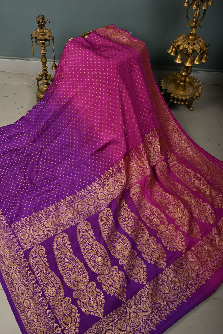 Magenta-Purple Banarasi Crepe Georgette Silk Saree with Chunri Buttis and Antique Oxidized Zari Border | SILK MARK CERTIFIED | SHOBITAM