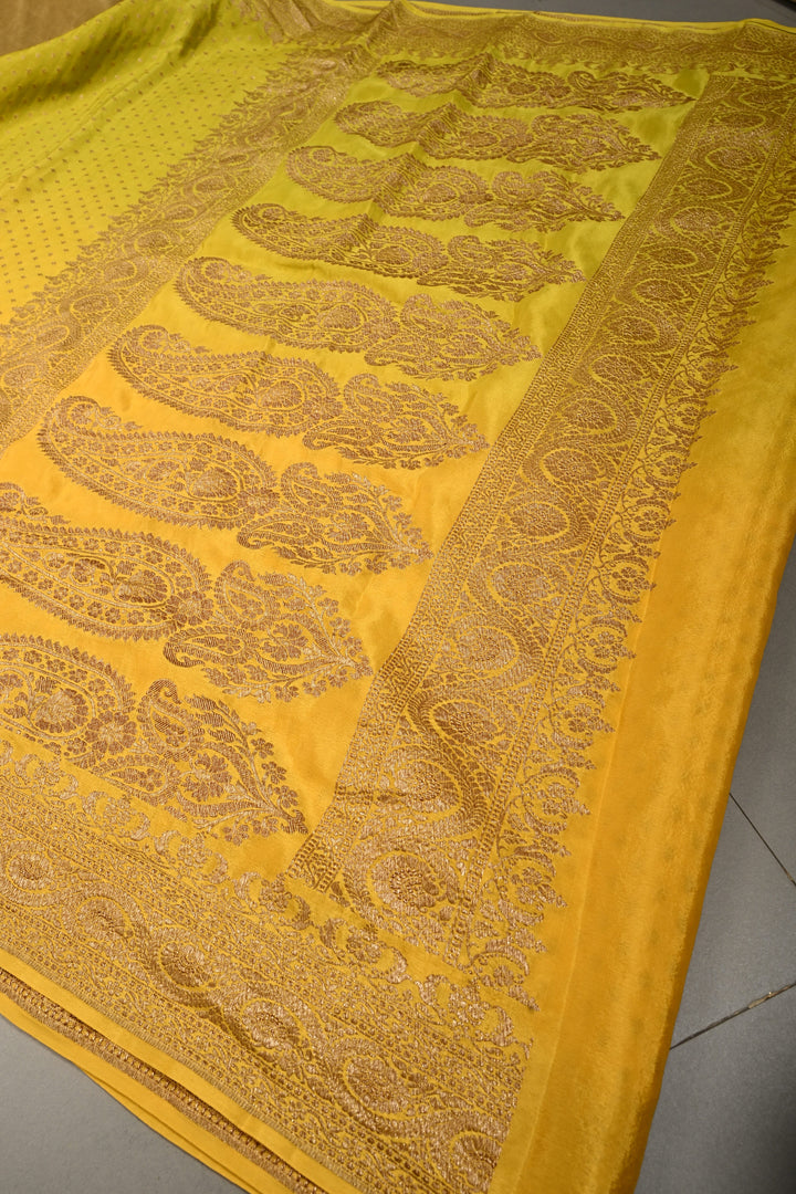 Lime Yellow-Mustard Banarasi Crepe Georgette Silk Saree with Chunri Buttis and Antique Oxidized Zari Border | SILK MARK CERTIFIED | SHOBITAM