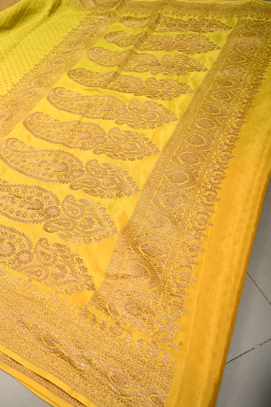 Lime Yellow-Mustard Banarasi Crepe Georgette Silk Saree with Chunri Buttis and Antique Oxidized Zari Border | SILK MARK CERTIFIED | SHOBITAM