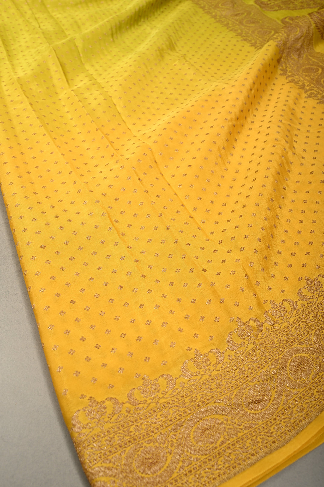 Lime Yellow-Mustard Banarasi Crepe Georgette Silk Saree with Chunri Buttis and Antique Oxidized Zari Border | SILK MARK CERTIFIED | SHOBITAM