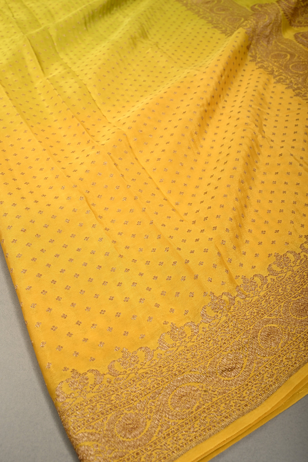 Lime Yellow-Mustard Banarasi Crepe Georgette Silk Saree with Chunri Buttis and Antique Oxidized Zari Border | SILK MARK CERTIFIED | SHOBITAM