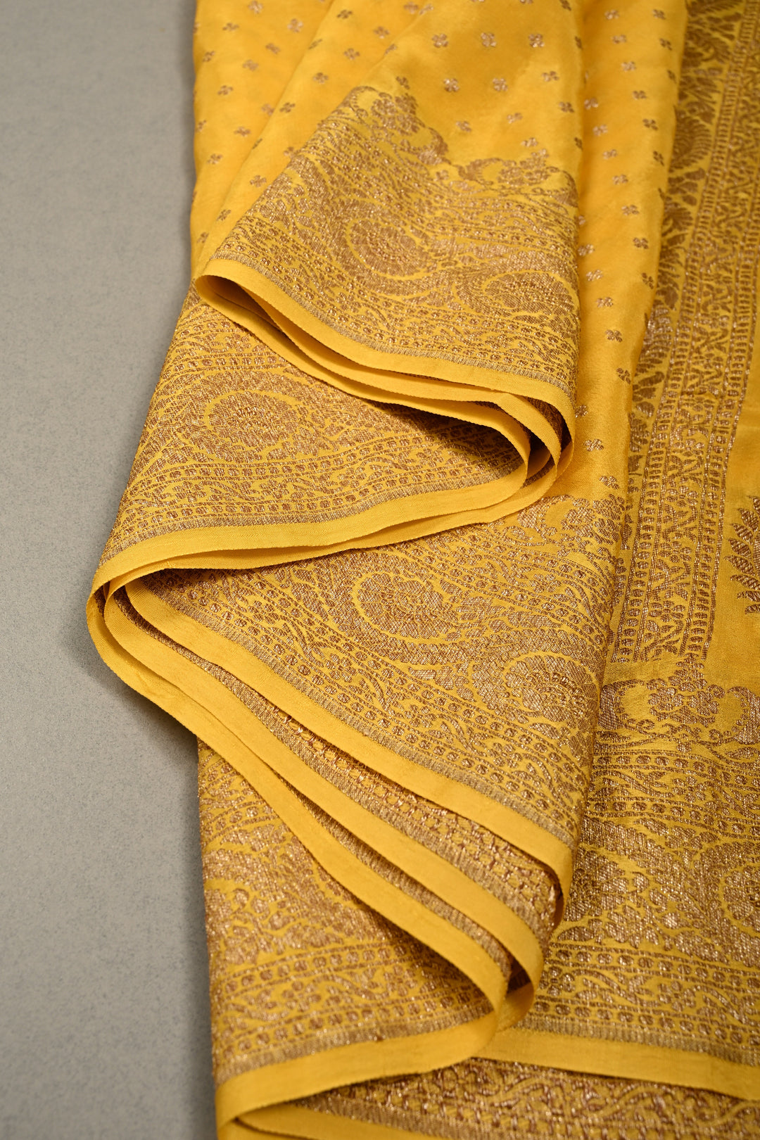 Lime Yellow-Mustard Banarasi Crepe Georgette Silk Saree with Chunri Buttis and Antique Oxidized Zari Border | SILK MARK CERTIFIED | SHOBITAM