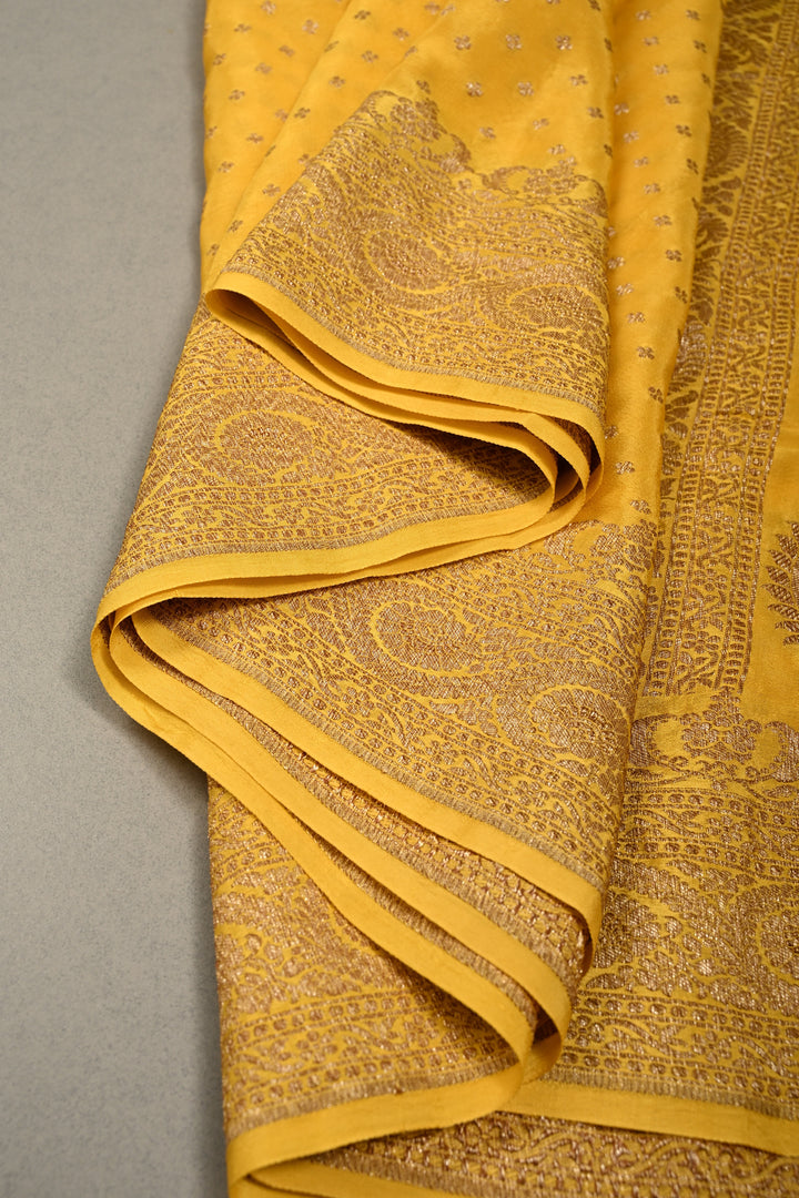 Lime Yellow-Mustard Banarasi Crepe Georgette Silk Saree with Chunri Buttis and Antique Oxidized Zari Border | SILK MARK CERTIFIED | SHOBITAM