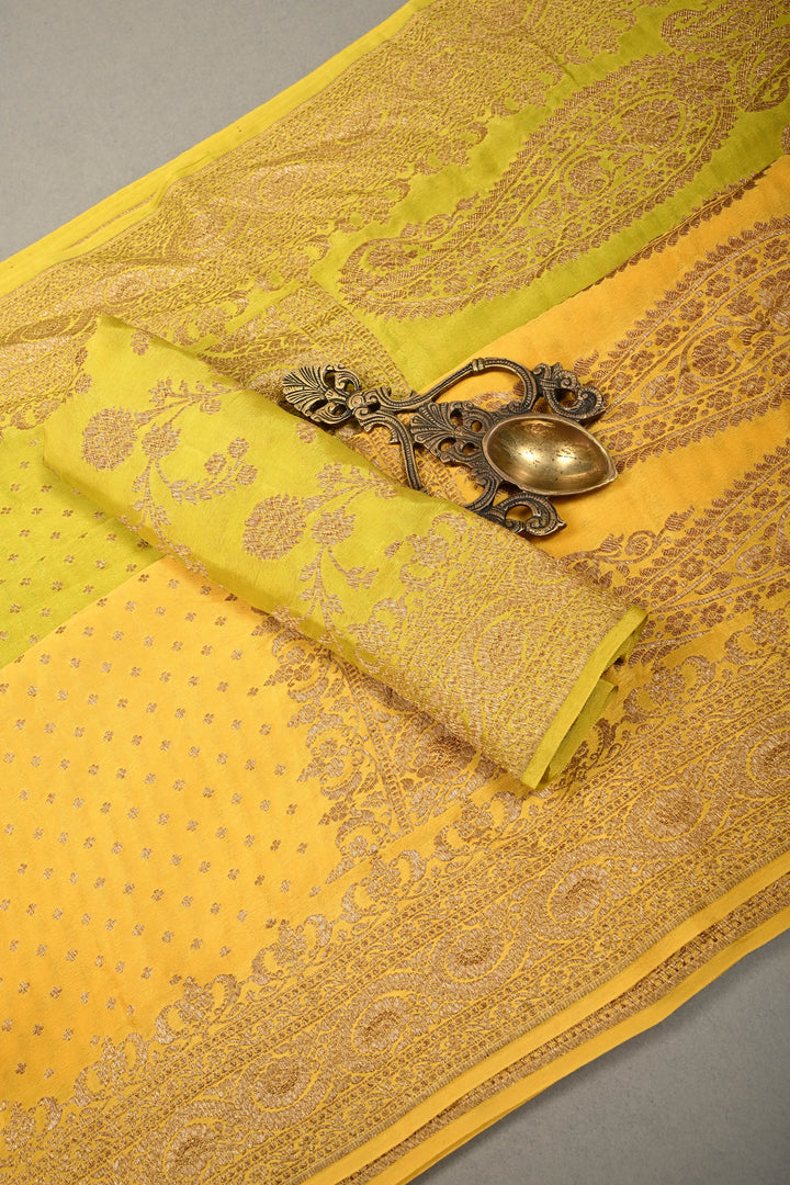 Lime Yellow-Mustard Banarasi Crepe Georgette Silk Saree with Chunri Buttis and Antique Oxidized Zari Border | SILK MARK CERTIFIED | SHOBITAM