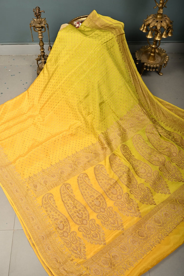 Lime Yellow-Mustard Banarasi Crepe Georgette Silk Saree with Chunri Buttis and Antique Oxidized Zari Border | SILK MARK CERTIFIED | SHOBITAM