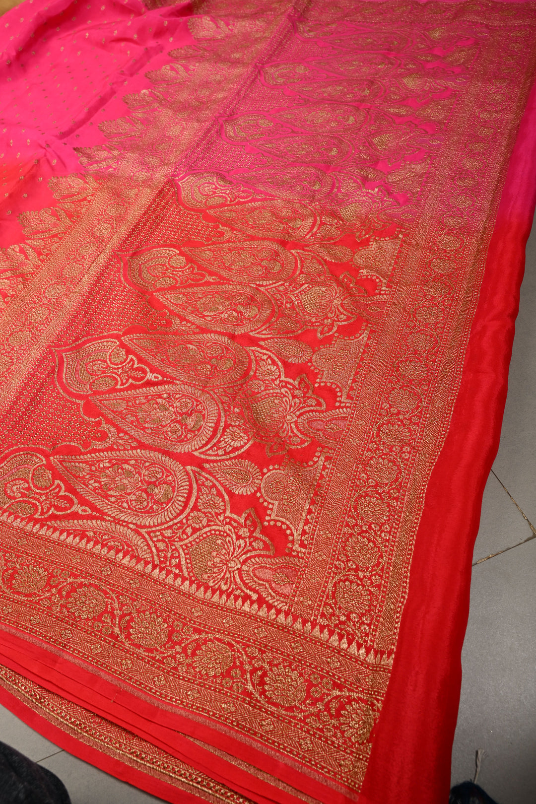 Pink-Red Banarasi Crepe Georgette Silk Saree with Zari Buttis and Antique Oxidized Zari Border | SILK MARK CERTIFIED | SHOBITAM