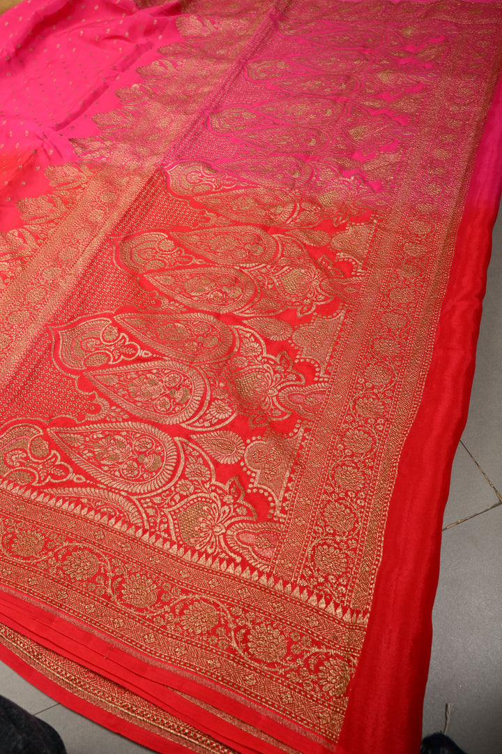 Pink-Red Banarasi Crepe Georgette Silk Saree with Zari Buttis and Antique Oxidized Zari Border | SILK MARK CERTIFIED | SHOBITAM