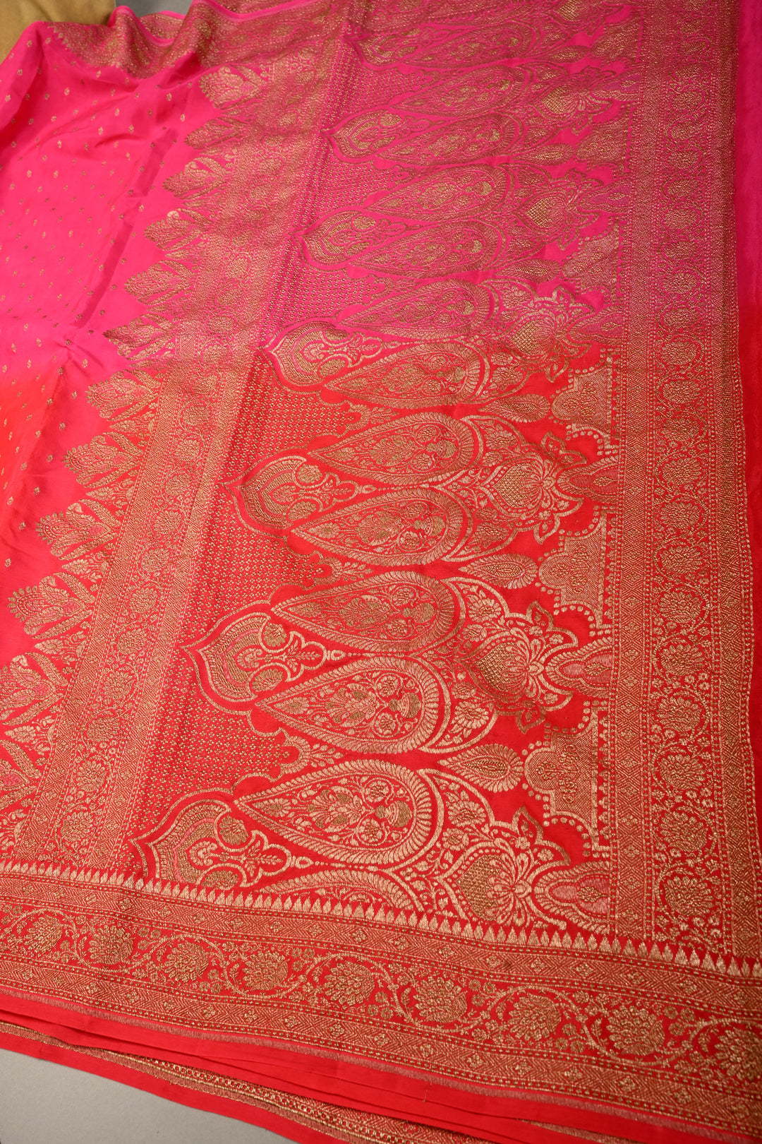 Pink-Red Banarasi Crepe Georgette Silk Saree with Zari Buttis and Antique Oxidized Zari Border | SILK MARK CERTIFIED | SHOBITAM