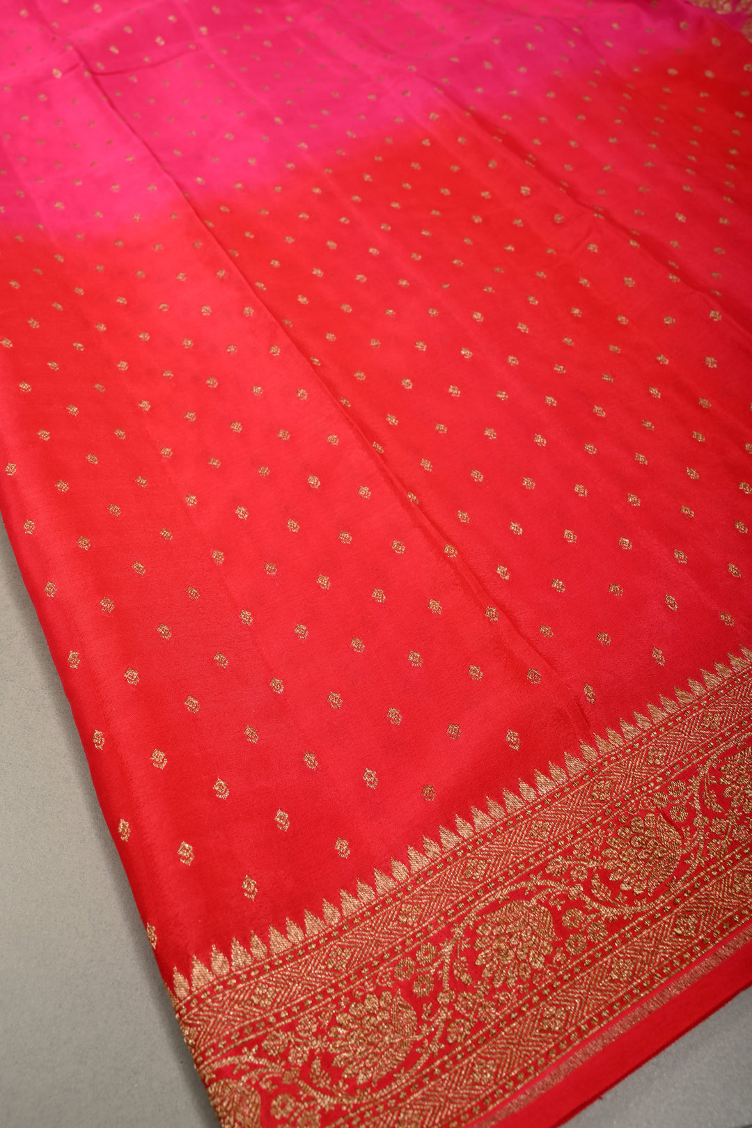Pink-Red Banarasi Crepe Georgette Silk Saree with Zari Buttis and Antique Oxidized Zari Border | SILK MARK CERTIFIED | SHOBITAM