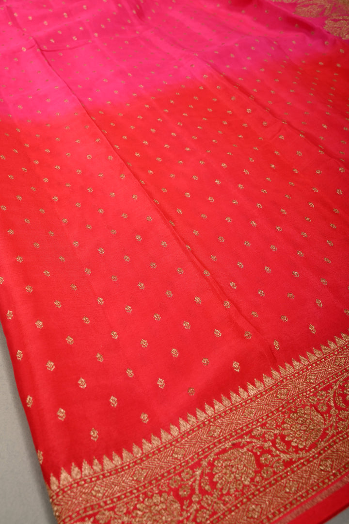 Pink-Red Banarasi Crepe Georgette Silk Saree with Zari Buttis and Antique Oxidized Zari Border | SILK MARK CERTIFIED | SHOBITAM