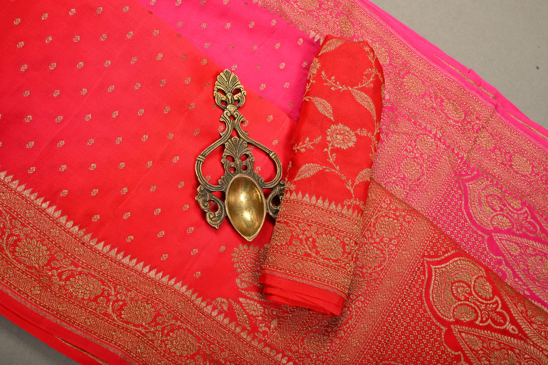 Pink-Red Banarasi Crepe Georgette Silk Saree with Zari Buttis and Antique Oxidized Zari Border | SILK MARK CERTIFIED | SHOBITAM