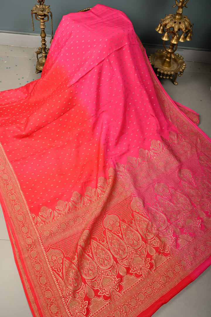 Pink-Red Banarasi Crepe Georgette Silk Saree with Zari Buttis and Antique Oxidized Zari Border | SILK MARK CERTIFIED | SHOBITAM