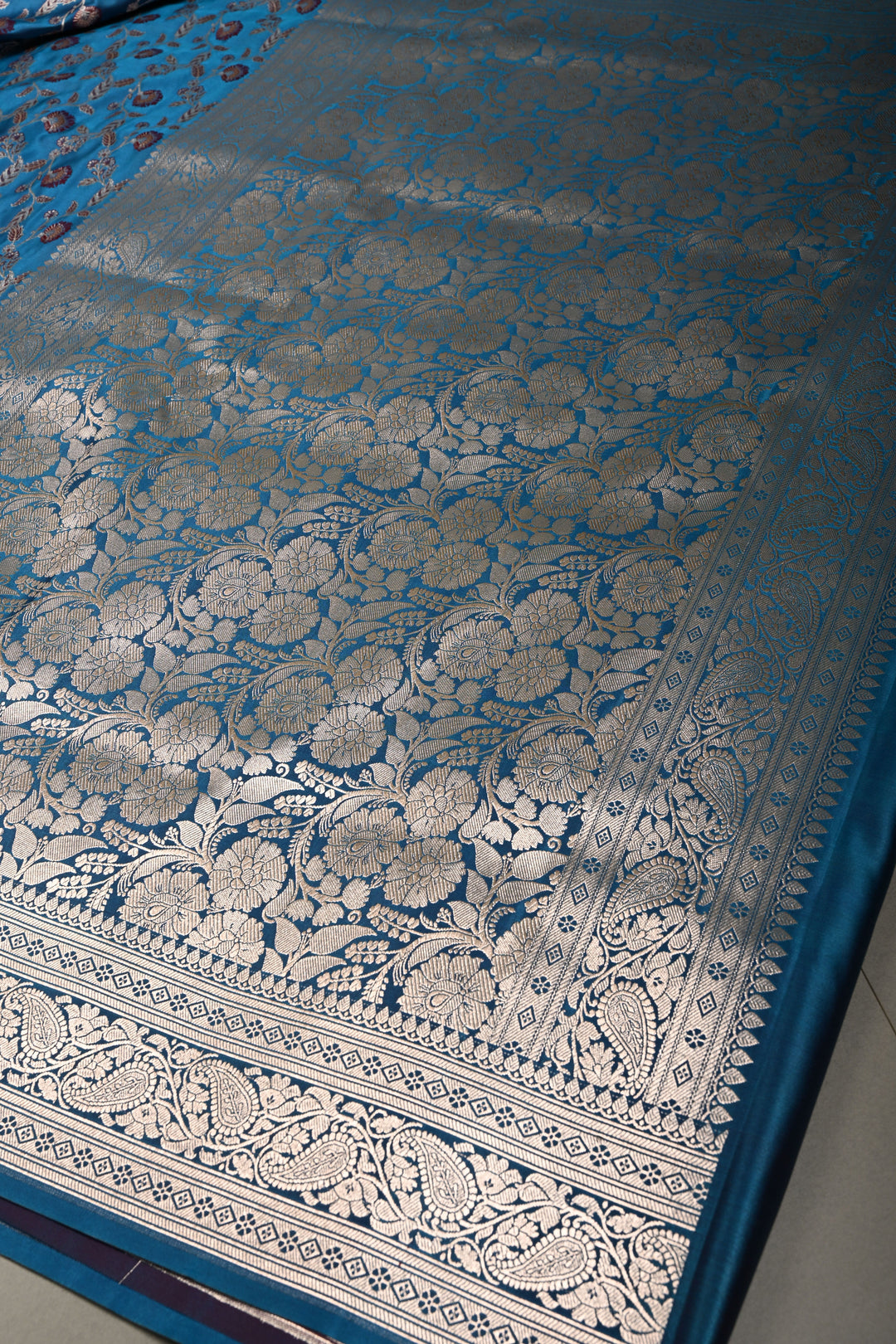 Copper Sulphate Blue Banarasi Semi Mashru Silk Saree with Meenakari Floral Jaal and Zari Border