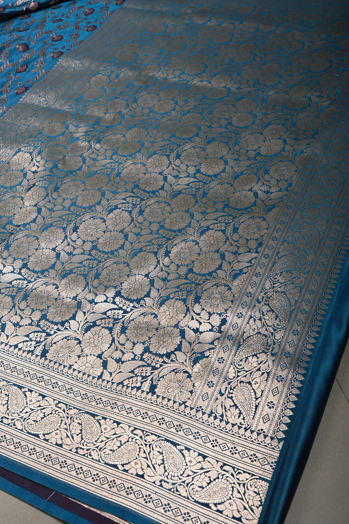 Copper Sulphate Blue Banarasi Semi Mashru Silk Saree with Meenakari Floral Jaal and Zari Border