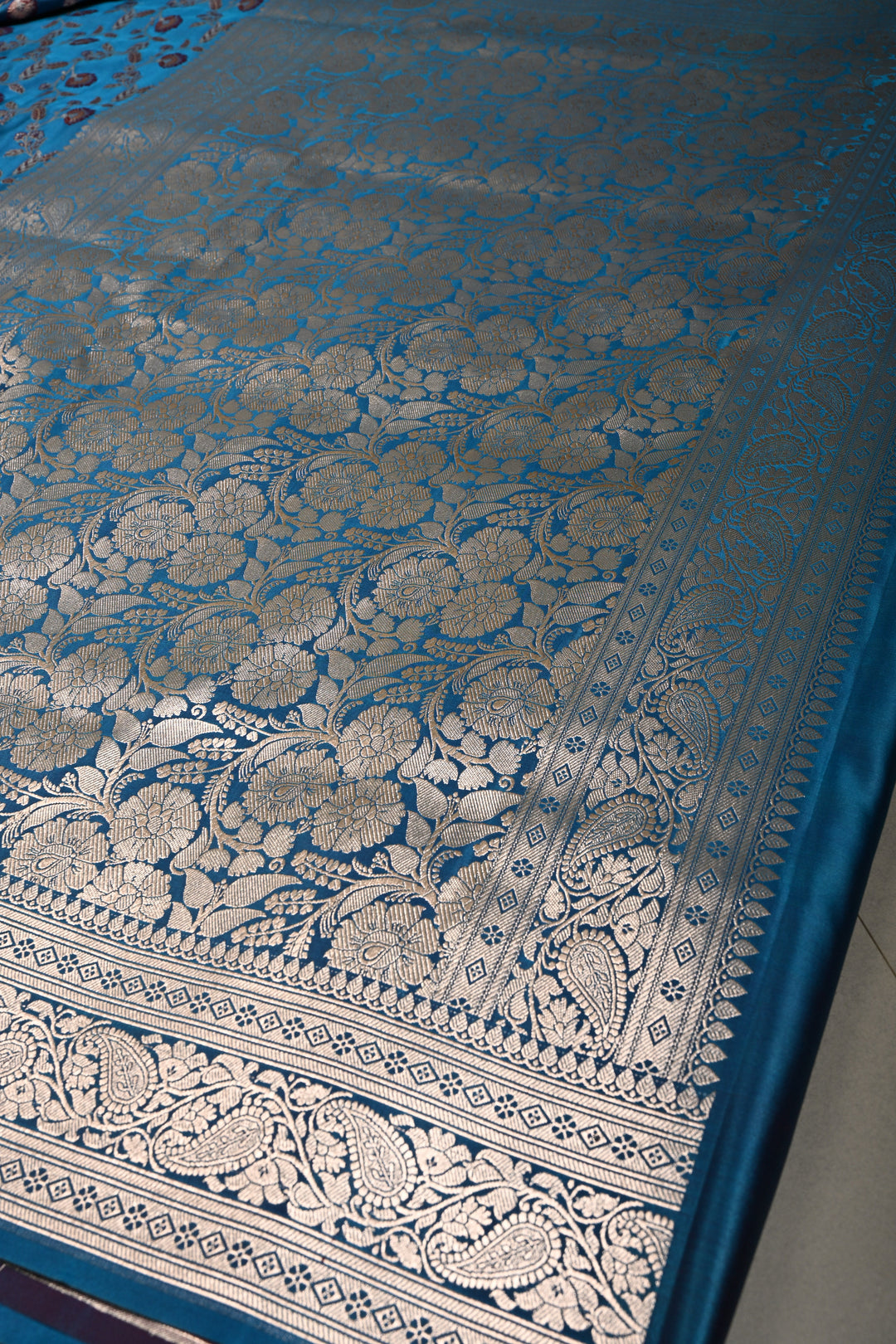 Copper Sulphate Blue Banarasi Semi Mashru Silk Saree with Meenakari Floral Jaal and Zari Border