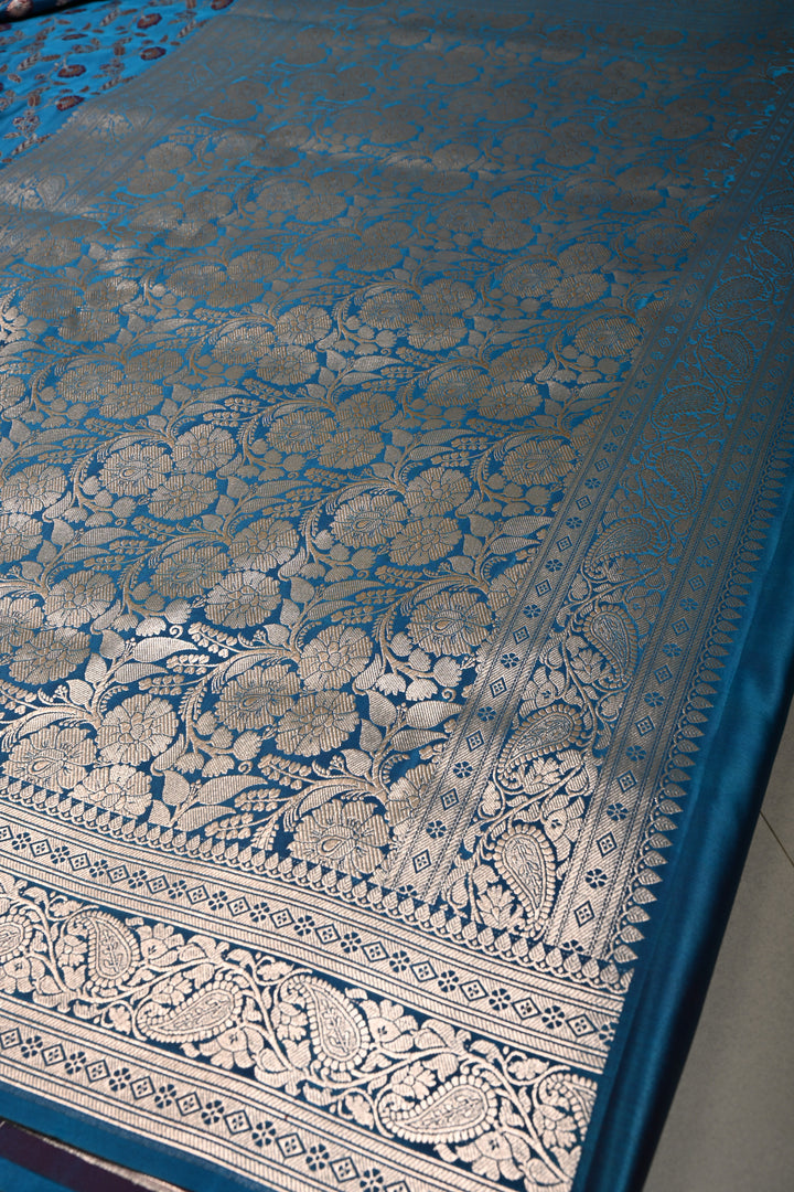 Copper Sulphate Blue Banarasi Semi Mashru Silk Saree with Meenakari Floral Jaal and Zari Border
