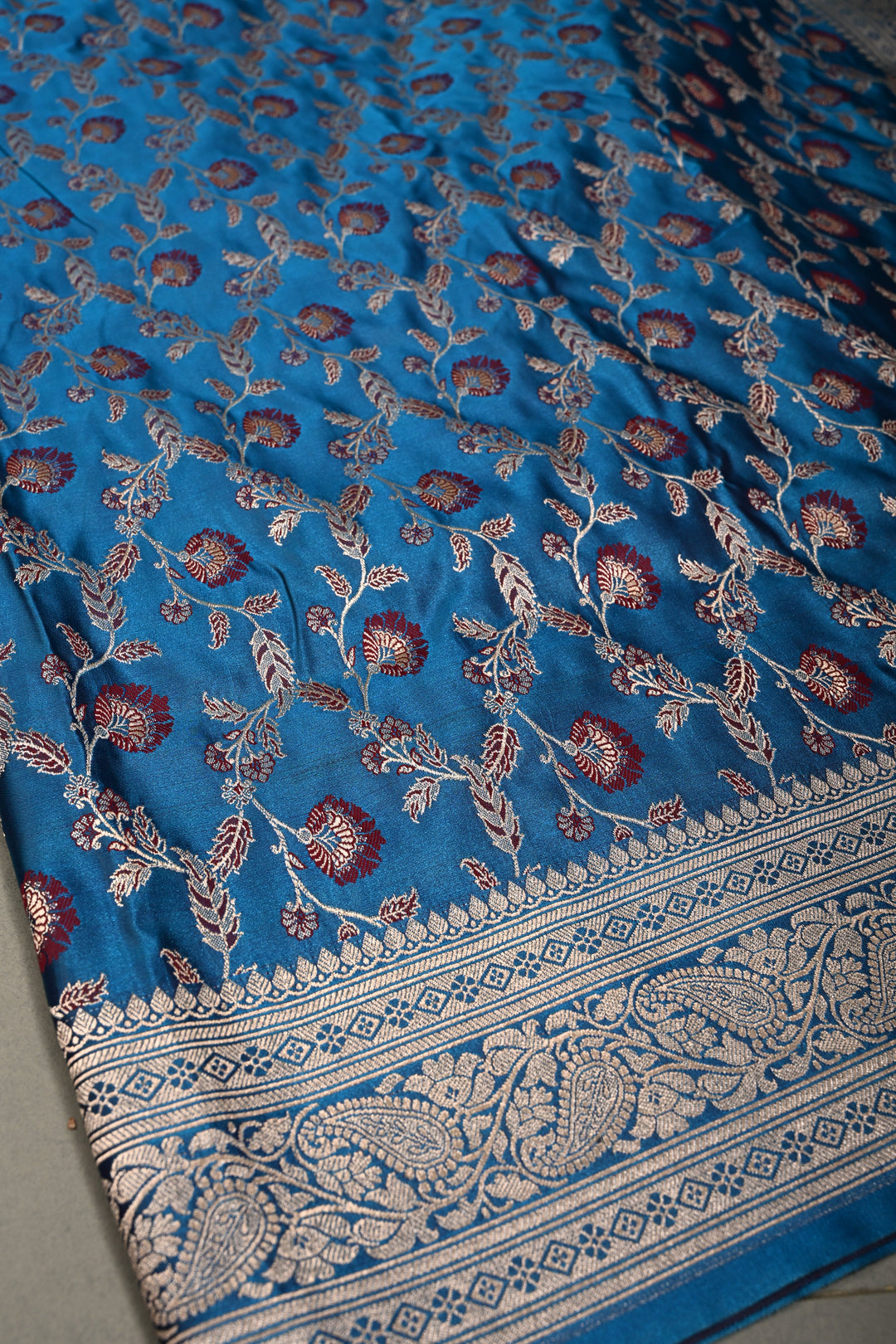 Copper Sulphate Blue Banarasi Semi Mashru Silk Saree with Meenakari Floral Jaal and Zari Border