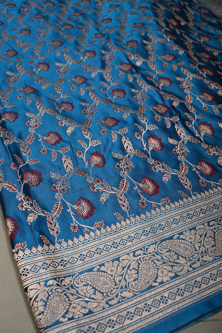 Copper Sulphate Blue Banarasi Semi Mashru Silk Saree with Meenakari Floral Jaal and Zari Border