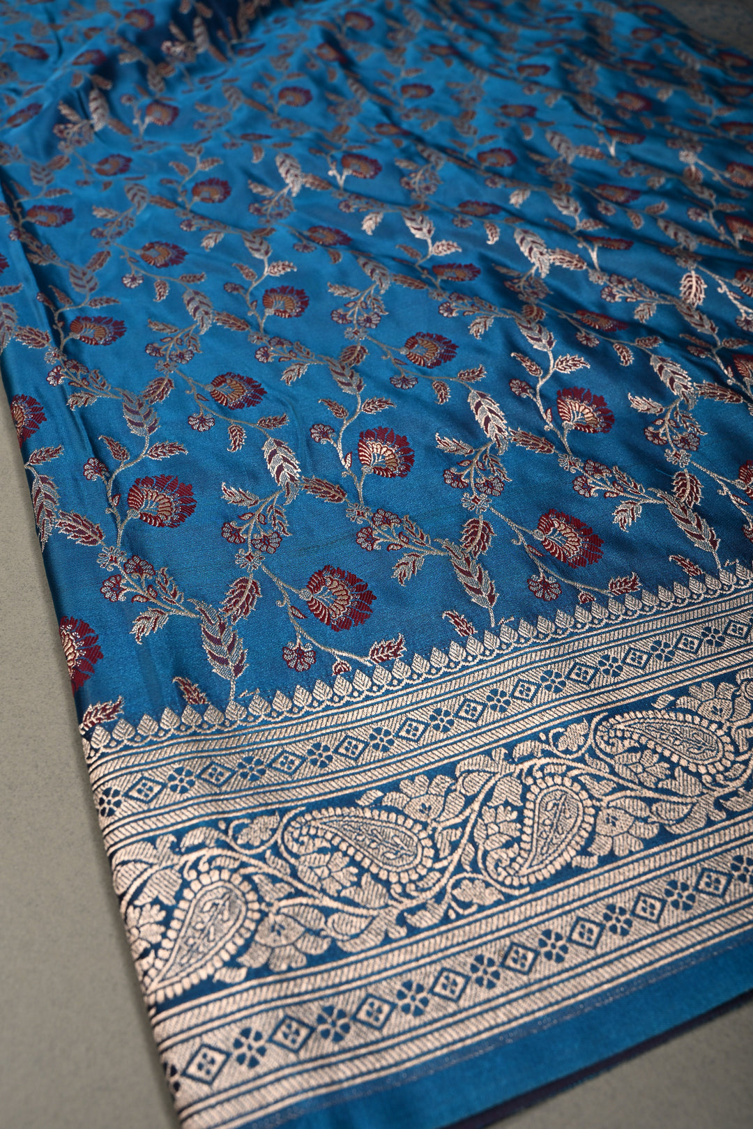 Copper Sulphate Blue Banarasi Semi Mashru Silk Saree with Meenakari Floral Jaal and Zari Border