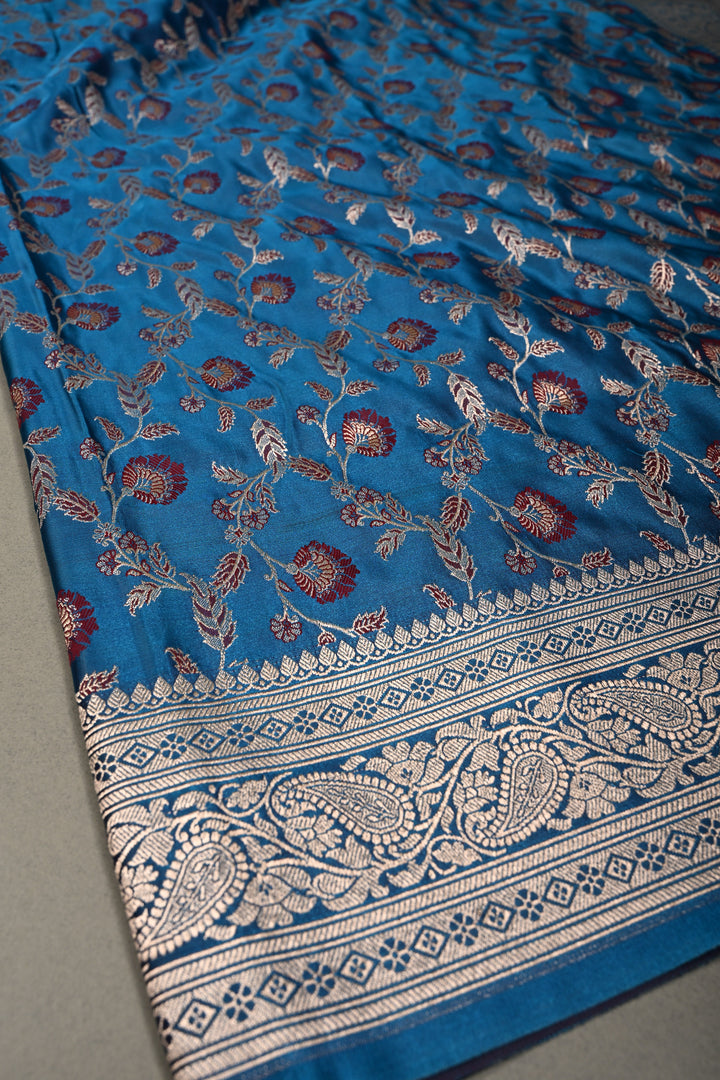 Copper Sulphate Blue Banarasi Semi Mashru Silk Saree with Meenakari Floral Jaal and Zari Border