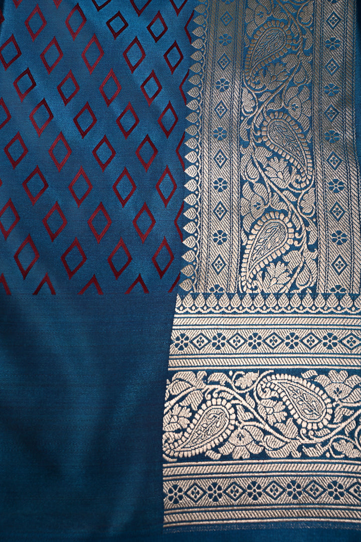 Copper Sulphate Blue Banarasi Semi Mashru Silk Saree with Meenakari Floral Jaal and Zari Border