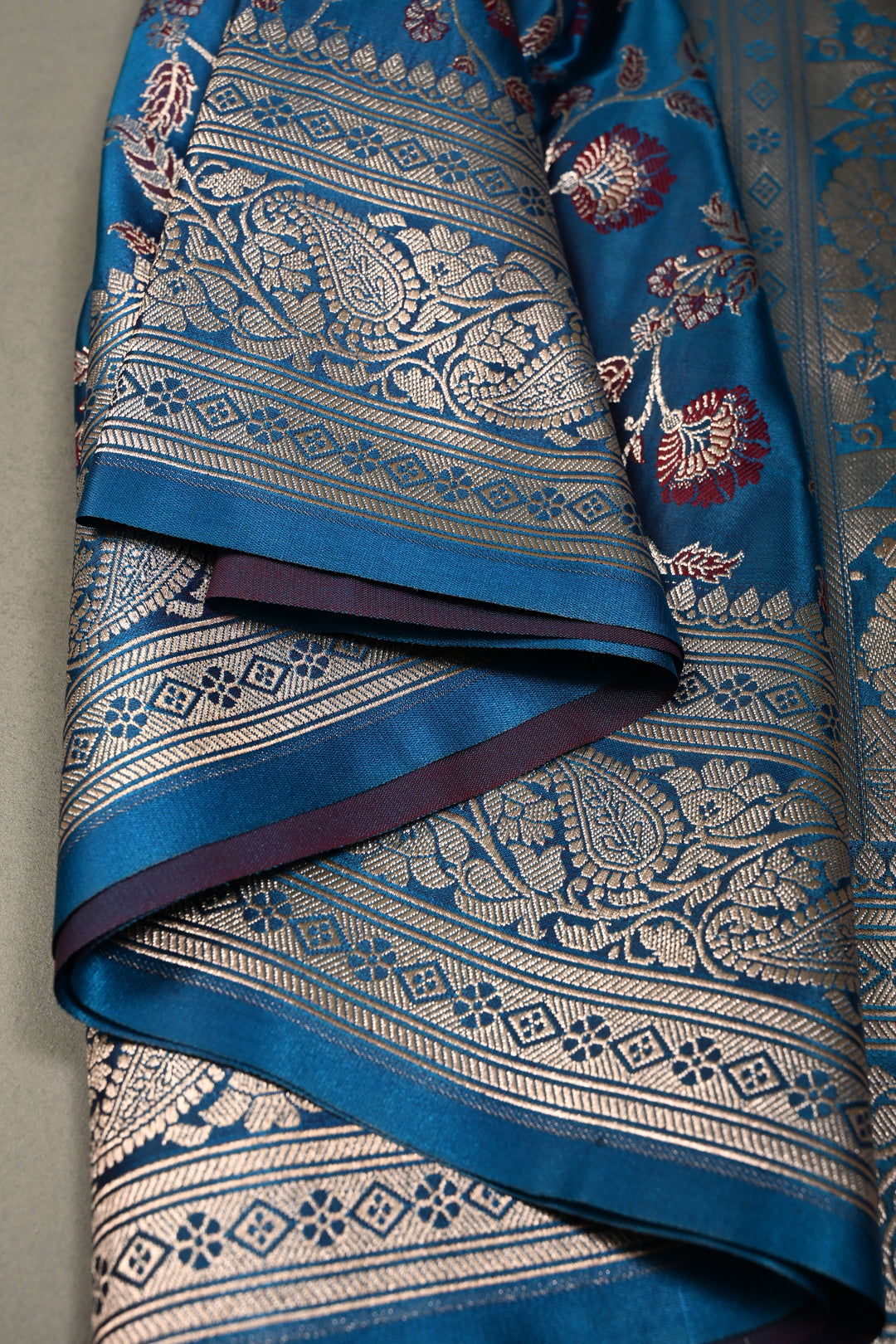 Copper Sulphate Blue Banarasi Semi Mashru Silk Saree with Meenakari Floral Jaal and Zari Border
