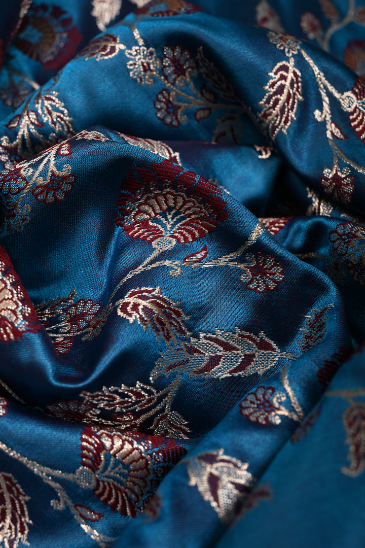 Copper Sulphate Blue Banarasi Semi Mashru Silk Saree with Meenakari Floral Jaal and Zari Border