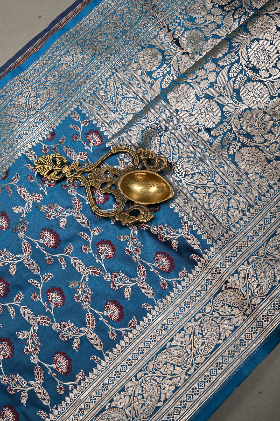 Copper Sulphate Blue Banarasi Semi Mashru Silk Saree with Meenakari Floral Jaal and Zari Border