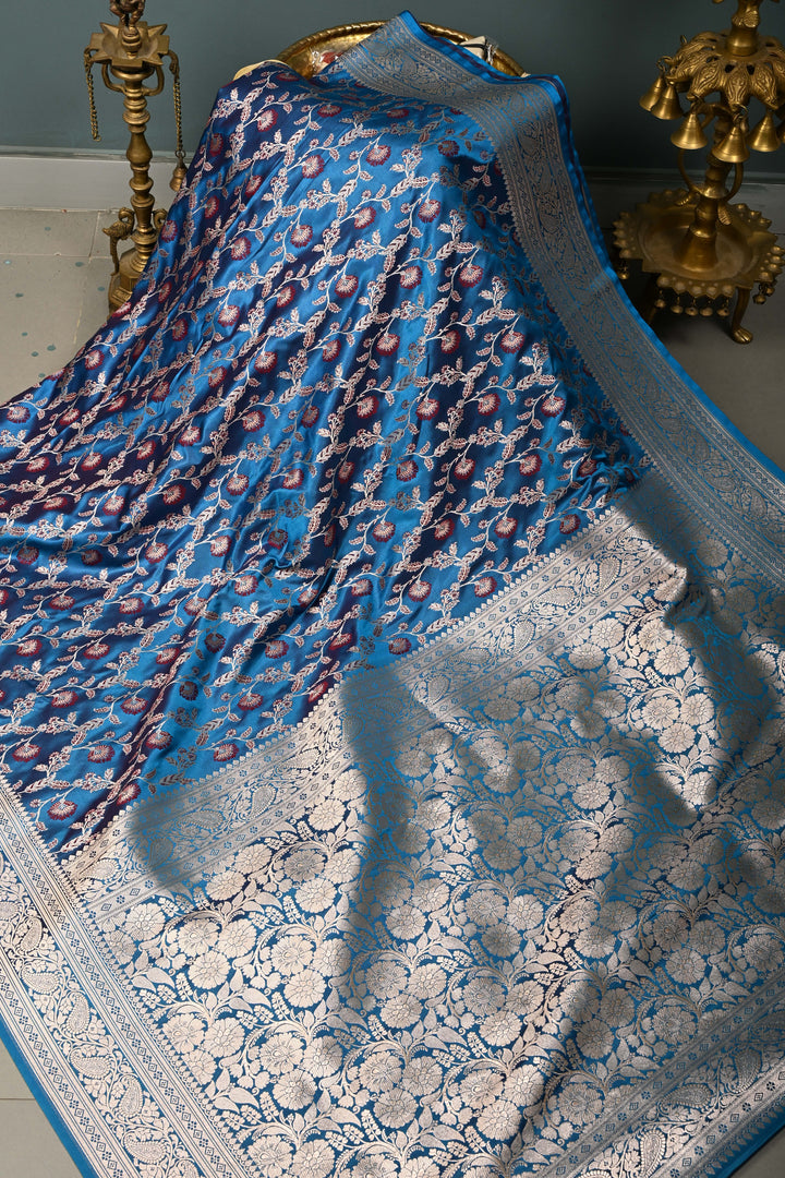 Copper Sulphate Blue Banarasi Semi Mashru Silk Saree with Meenakari Floral Jaal and Zari Border