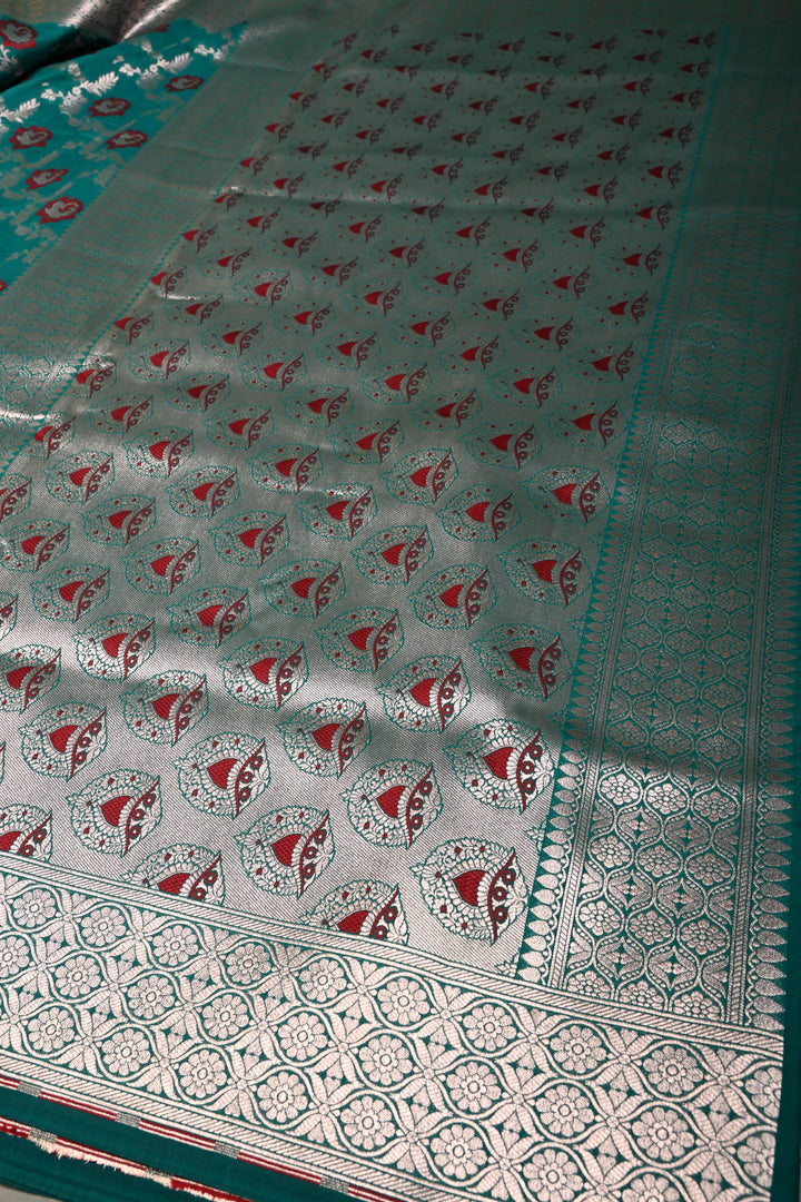 Rama Green Banarasi Semi Kora Saree with Meenakari Floral Jaal and Zari Border