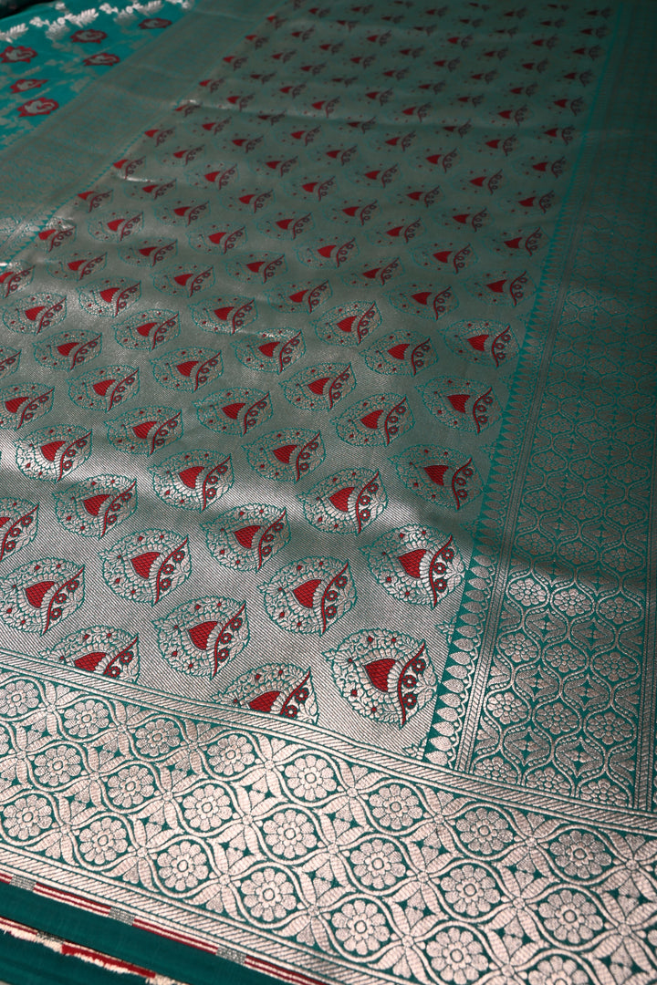 Rama Green Banarasi Semi Kora Saree with Meenakari Floral Jaal and Zari Border