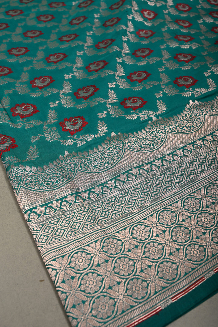 Rama Green Banarasi Semi Kora Saree with Meenakari Floral Jaal and Zari Border