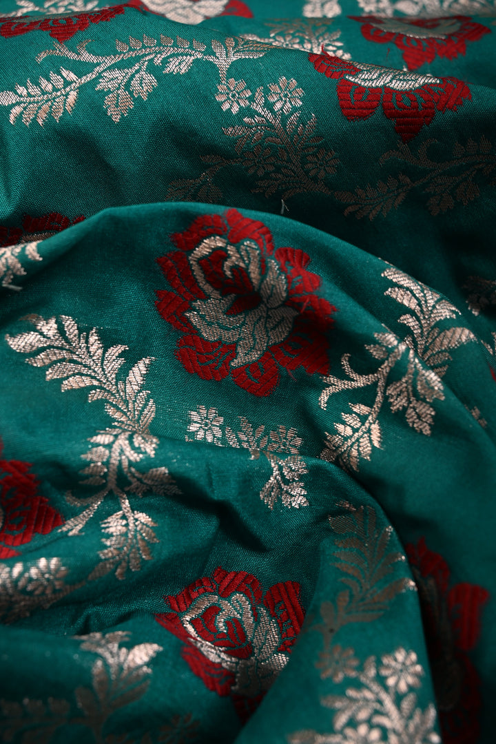 Rama Green Banarasi Semi Kora Saree with Meenakari Floral Jaal and Zari Border