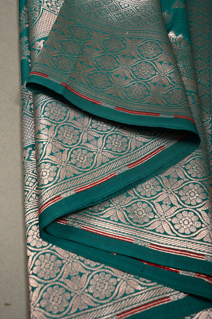 Rama Green Banarasi Semi Kora Saree with Meenakari Floral Jaal and Zari Border