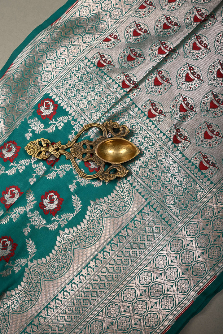Rama Green Banarasi Semi Kora Saree with Meenakari Floral Jaal and Zari Border